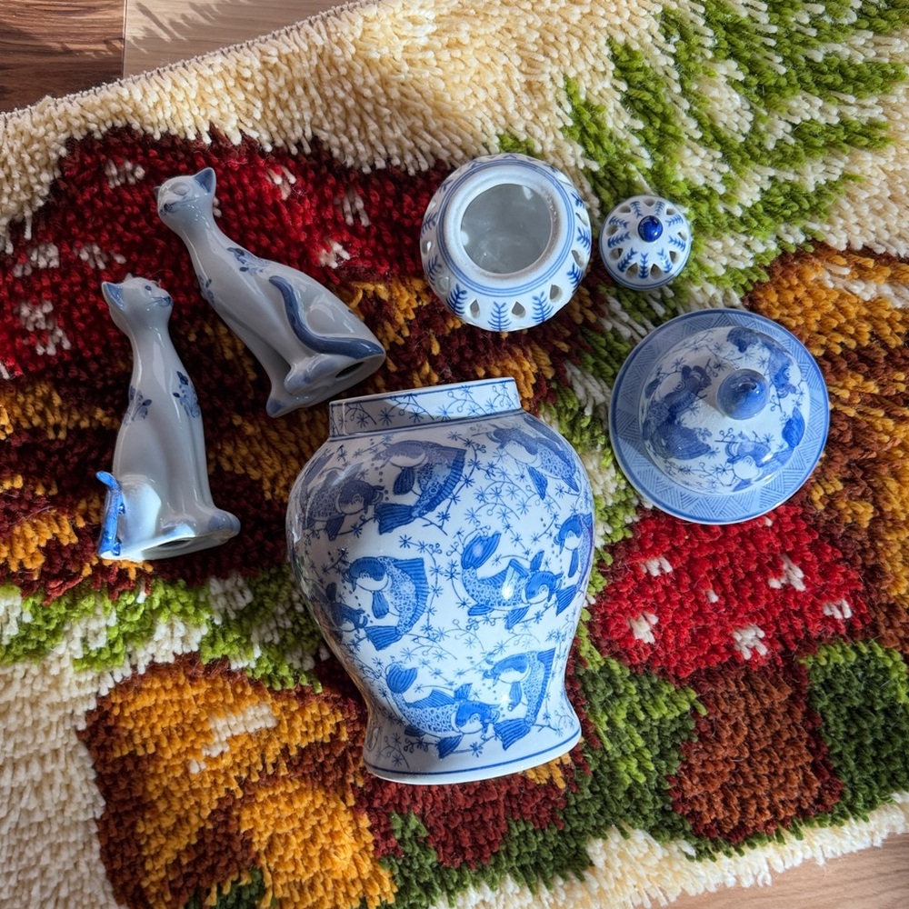 Blue and White Porcelain Ginger Jar Set with Cat Figurines